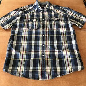 Ecko Unltd Shirt Men 3XL Blue Plaid Snap Button Pockets Short Sleeve Collared